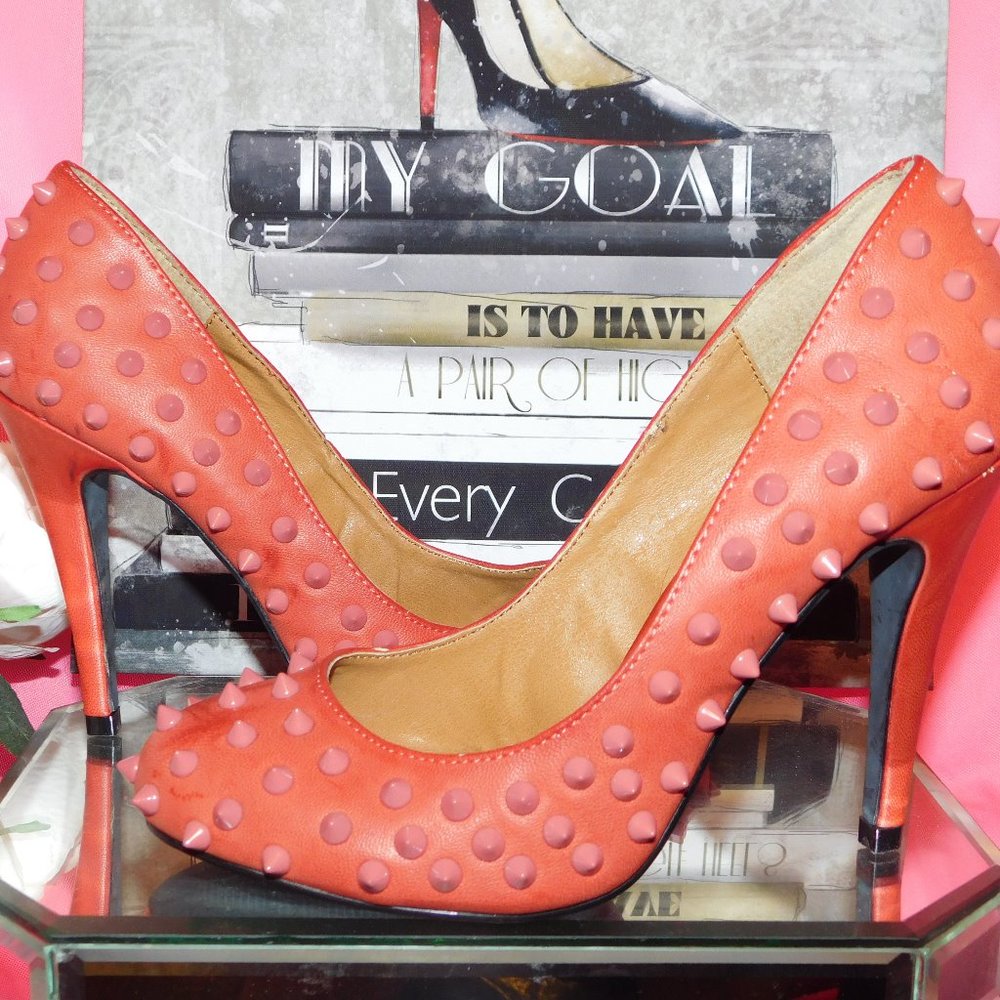 ORANGY RED SPIKE STUDDED HEELS